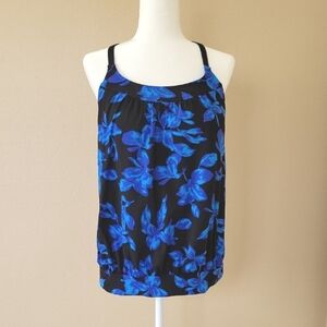 Lands End Blousen Blue Black Floral Tankini Top - Size 14